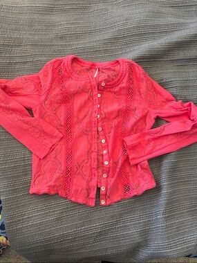Free People Coral Lace Button-Down Cardigan